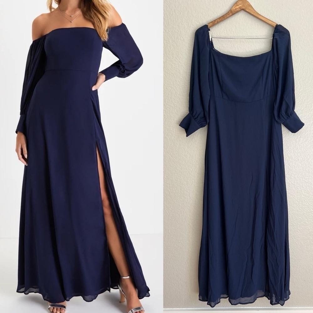NWOT Feel the Romance Navy Blue Off-the-Shoulder Maxi Dress